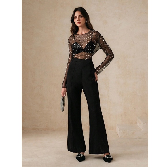 Beaded Black Sheer Mesh Long Sleeve Shirt with Faux Pearls and Sparkles - Picture 6 of 10